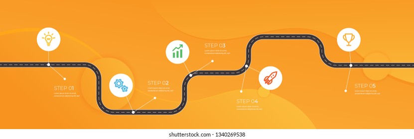 Road map and journey route infographics template. Winding road timeline illustration. Flat vector illustration. Eps 10