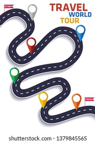 Road map and journey route infographics template. Travel World Tour. Point indication.  Flat vector illustration. Eps 10 