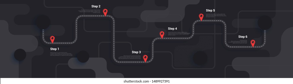 Road map and journey route infographics template. Winding road timeline illustration. Dark theme. Flat vector illustration. Eps 10