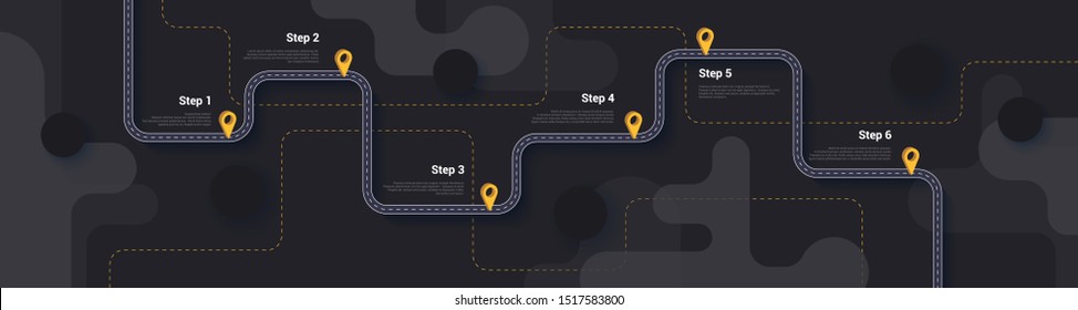 Road map and journey route infographics template. Winding road timeline illustration. Dark theme. Flat vector illustration. Eps 10