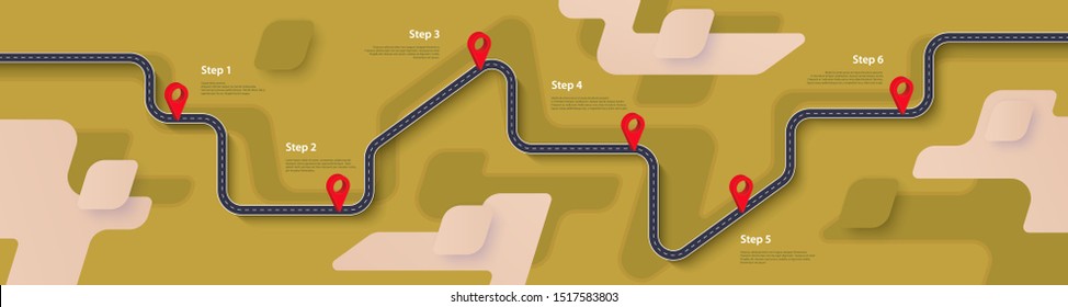Road map and journey route infographics template. Winding road timeline illustration. Сountryside theme. Flat vector illustration. Eps 10