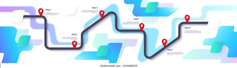 Road map and journey route infographics template. Winding road timeline illustration. Flat vector illustration. Eps 10