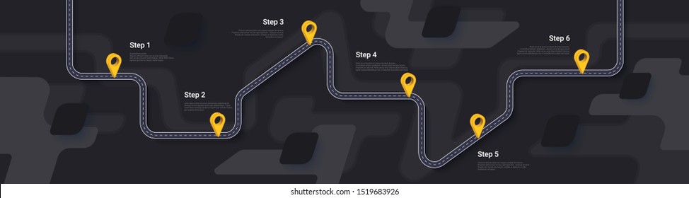 Road map and journey route infographics template. Winding road timeline illustration. Dark theme. Flat vector illustration. Eps 10