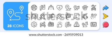 Road map line icons. Interest rate, AI generate, Inflation icons. Journey path, Route map and Trip distance. GPS street pin, Car route and Distance flag icons. Vector