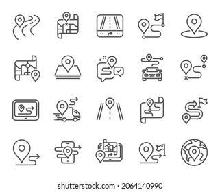 Road Map Line Icons. Journey Path, Route Map And Trip Distance. GPS Street Pin, Car Route And Distance Flag Icons. Road Trip, Highway Traffic And Journey Travel Map. Navigation Target Pointer. Vector