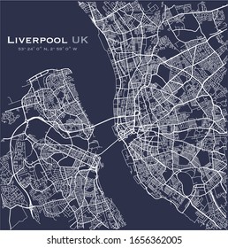 Road map of Liverpool, England, UK with River Mersey