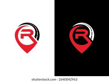 road map logo design template, vector illustration of location point icon and route map with initial letter R for road	