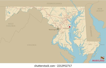 Hoja de ruta de Maryland, estado federal estadounidense. Mapa editable de transporte altamente detallado de Maryland con autopistas y carreteras interestatales, ríos y ciudades ilustraciones vectoriales realistas