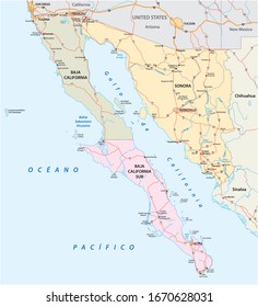 Road map of the Mexican states of Sonora, Baja California, and Baja California South