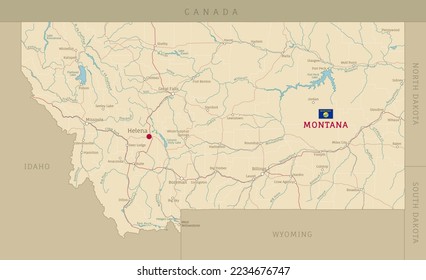 Road map of Montana, US American federal state. Editable highly detailed transportation map of Montana with highways and interstate roads, rivers, lakes and cities vector illustration