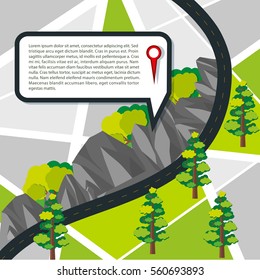Hoja de ruta con ilustración de carreteras y montañas