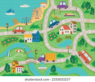 Road map of my city. Roads and streets with cute cars and buses, beach and sea, attractions and houses, river and trees. Colorful design for kids play roll mat. Cartoon flat vector illustration