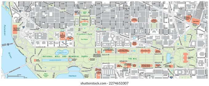 Road map of the National Mall in Washington DC, United States