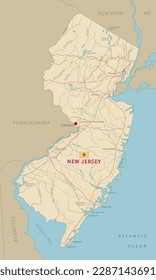 Hoja de ruta del estado federal estadounidense de Nueva Jersey. Mapa editable de transporte altamente detallado de Nueva Jersey con carreteras y carreteras interestatales, ríos, lagos y ciudades ilustración vectorial