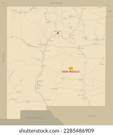 Hoja de ruta de Nuevo México Estado federal estadounidense. Mapa editable de transporte altamente detallado de Nuevo México con autopistas y carreteras interestatales, ríos y ciudades ilustraciones vectoriales