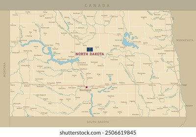 Road map of North Dakota US American federal state. Editable highly detailed transportation map of North Dakota with highways and interstate roads, rivers and cities vector illustration