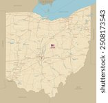 Road map of Ohio, US American federal state. Editable highly detailed transportation map of Ohio with highways and interstate roads, rivers and cities realistic vector illustration