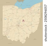 Road map of Ohio, US American federal state. Editable highly detailed transportation map of Ohio with highways and interstate roads, rivers and cities realistic vector illustration