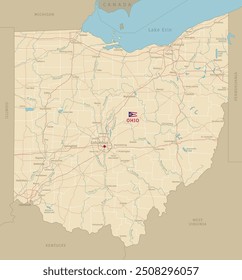 Hoja de ruta de Ohio, estado federal estadounidense. Mapa de transporte altamente detallado de Ohio con carreteras y carreteras interestatales, ríos y ciudades Ilustración vectorial realista