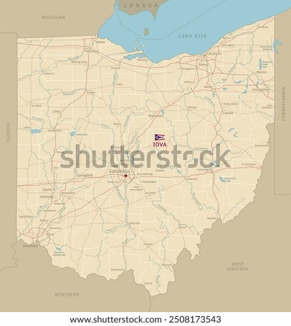 Road map of Ohio, US American federal state. Editable highly detailed transportation map of Ohio with highways and interstate roads, rivers and cities realistic vector illustration