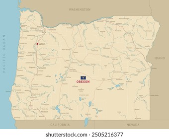 Road map of Oregon, US American federal state. Editable highly detailed transportation map of Oregon with highways and interstate roads, rivers and cities realistic vector illustration