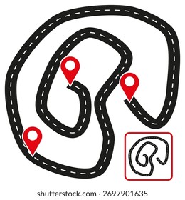 Caminho do mapa rodoviário. Posicionamento dos ponteiros do pino. Vetor de rota de localização. Símbolo comercial at. EPS 10.