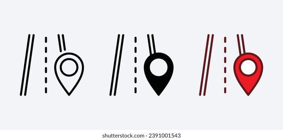 Road map pin icon set. Highway icon symbol. Travel route, distance, roadmap, map icon symbol collection. Editable stroke. Vector illustration