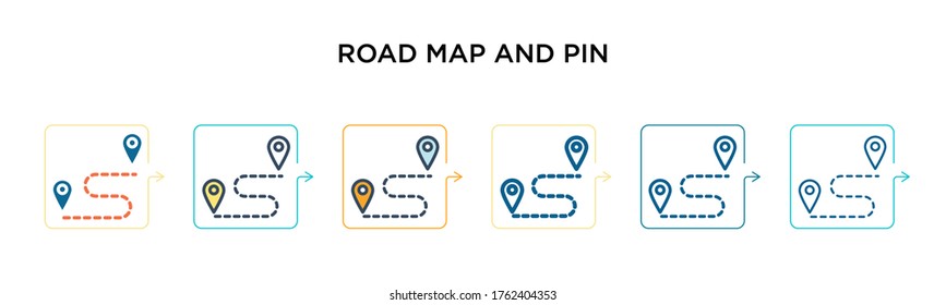 Road Map And Pin Vector Icon In 6 Different Modern Styles. Black, Two Colored Road Map And Pin Icons Designed In Filled, Outline, Line And Stroke Style. Vector Illustration Can Be Used For Web, 