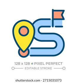 Ícone de cor de linha perfeita de pixel do mapa de estradas. Tecnologia de navegação. Encontrando o caminho para a localização. Infraestrutura rodoviária. Ilustração isolada de vetor. Design de símbolo colorido plano. Traçado editável