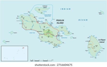 Mapa rodoviário das ilhas Seicheles de Praslin e La Digue