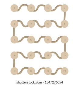 Road map simple game, all 20 steps, linked by shape. Numbers from 1-20 are indicated in every position. In light brown tones