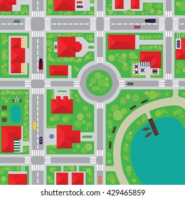 Road Map Of A Small Town With Lake Park Vectors. Street Crossroads And Suburb House Roofs.