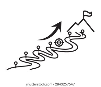 Road map to success with arrow and target icon mountain summit upward arrow business strategy goal achievement strategic planning career growth vector illustration linear icon milestones
