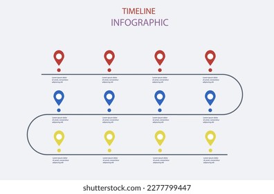 Infografik der Fahrplan-Zeitachse mit 12 Pin-Zeigern. Kann für Geschäftskonzepte, Präsentationen, Webdesign, Banner, Diagramme, Workflow und Zeitpläne verwendet werden. Vektor eps10