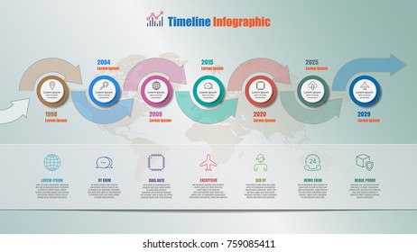 Road map timeline infographic with 7 steps circle designed for template brochure diagram planning presentation process webpages workflow. Vector illustration