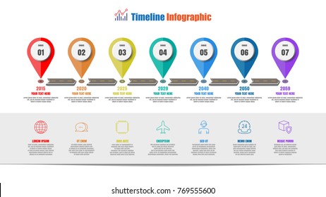 Road map timeline infographic with 7 steps pointer design for template brochure diagram planning presentation process workflow technology digital marketing data presentation chart. Vector illustration