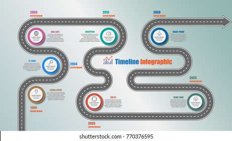 Road map timeline infographic with 7 steps circle designed for template brochure diagram planning presentation process webpages workflow. Vector illustration