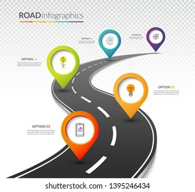 Road map timeline infographic template with 5 colorful pin pointers on the way. Vector illustration