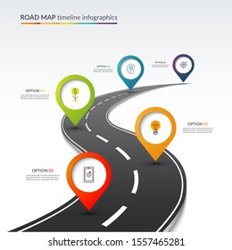 Road map timeline infographic template with 5 colorful pin pointers on the way. Vector illustration
