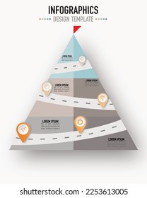 Road map, timeline street or navigation timeline or 5 steps infographic presentation template and 3 layers mountain and red flag on white background as a vector for business, education, work process