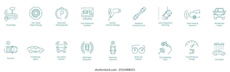 Mapa de Estrada, Indicador de Profundidade do Piso do Pneu, Freio de Estacionamento Eletrônico, Scanner de Diagnóstico do Carro, Carregador de Veículo Elétrico, Controle de Cruzeiro Adaptável, Aviso de Partida da Faixa, Sensores de Estacionamento Traseiro ícone vetorial definido