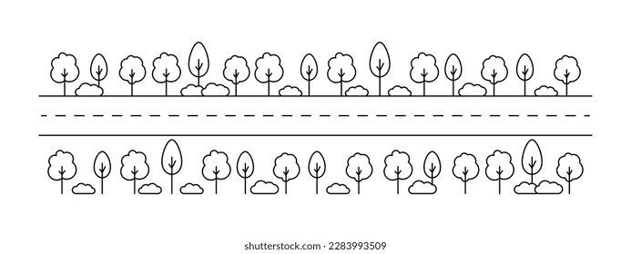 Road map with trees, landscape line art drawing. Straight way in forest. Car travel. Vector illustration