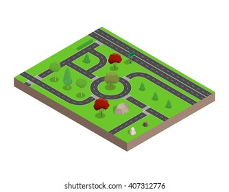 Road map. Trees and stones.3D isometric style. Vector illustration.