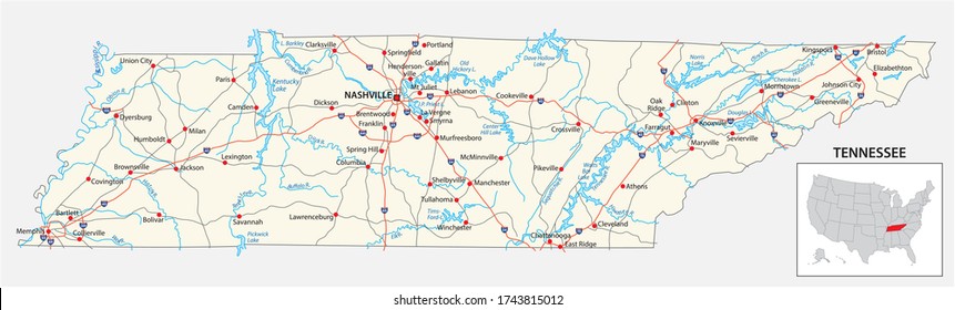 Road Map Of The US American State Of Tennessee