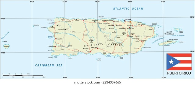 Road map of the us american territory Puerto Rico with flag