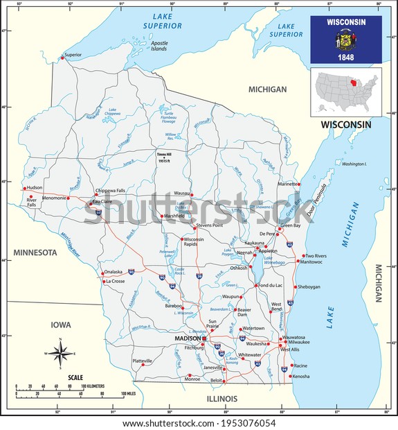 Road Map Us State Wisconsin Flag Stock Vector (Royalty Free) 1953076054 ...