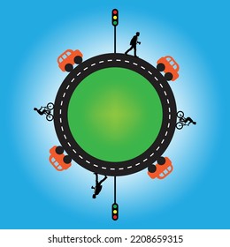 Road Map Vector Illustration with car, cycle and people silhouette