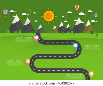 Road with markers, vector infographics template. Winding road in green field and mountains. Rural street flat style .Landscape background Vector illustration