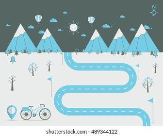 Road with markers, vector infographics template. biking Winding road in field and mountains. Rural street flat style. Flat linear landscape vector illustration.