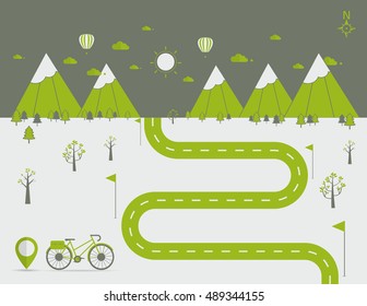 Road with markers, vector infographics template. biking Winding road in field and mountains. Rural street flat style. Flat linear landscape vector illustration.